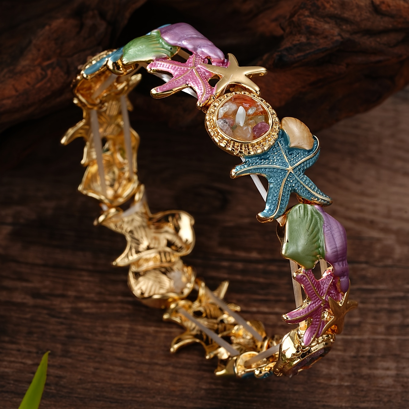 Boho Summer Coastal Starfish & Seashell Bracelet, Open Cuff